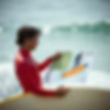 Preparation and Awareness A surfer studying a surf map and checking conditions