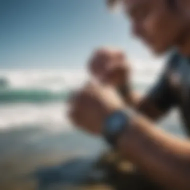 Surfer Checking Time on Apple Watch Surfer checking the time on an Apple Watch with a vibrant band