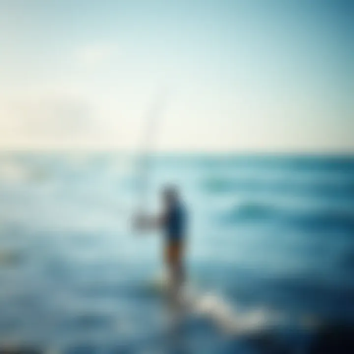 Demonstrating Surf Fishing Techniques An angler demonstrating a surf fishing technique by the shoreline