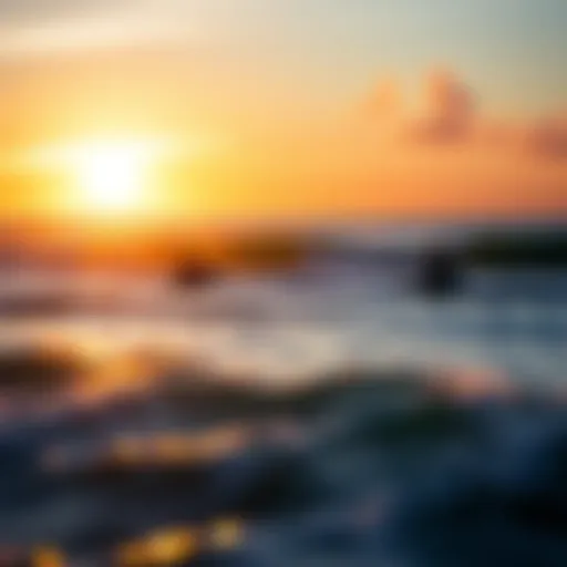 A breathtaking sunrise over the ocean with surfers catching waves.