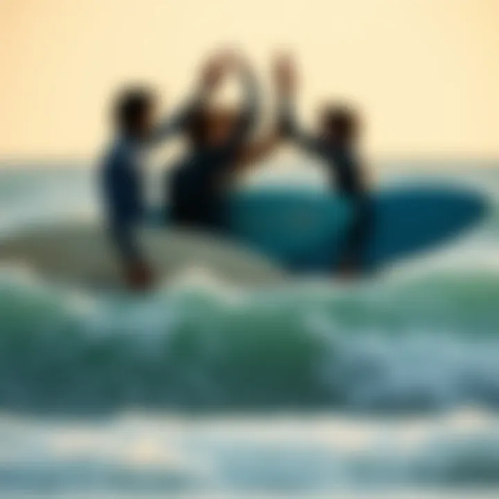Unity in Surfing: The Spirit of Togetherness Surfers celebrating together after an exhilarating ride, embodying community and joy.