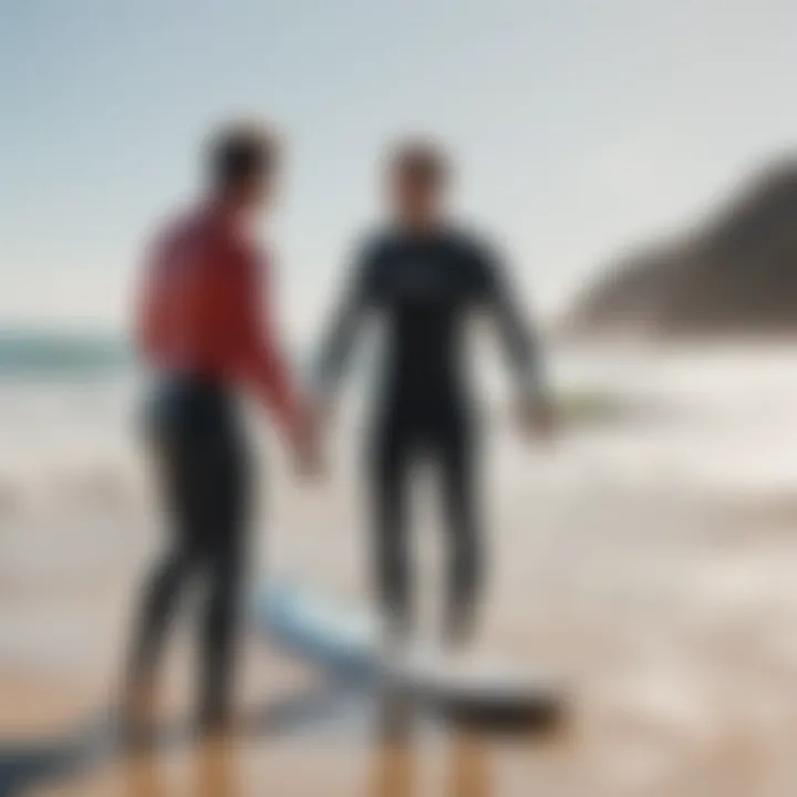 Surf instructor providing guidance on a sunny beach