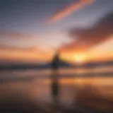 A vibrant sunset over Huntington Beach, showcasing surfers catching waves.