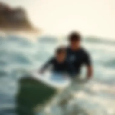 Surf instructor guiding a student in the water