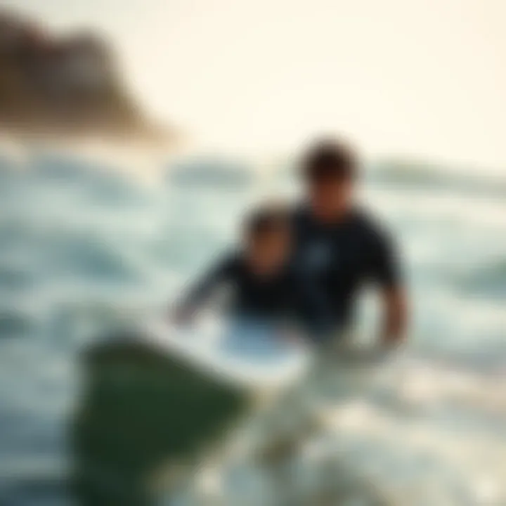 Surf instructor guiding a student in the water