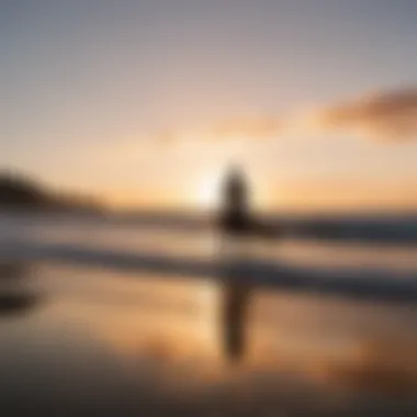 Sunset silhouette of a surfer preparing to paddle out