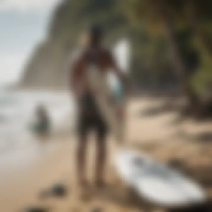 A surfer maintaining their surfboard carry bag with care