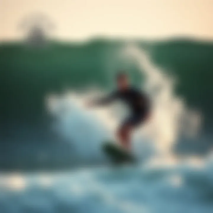 Dynamic action shot of surfing with a surfboard