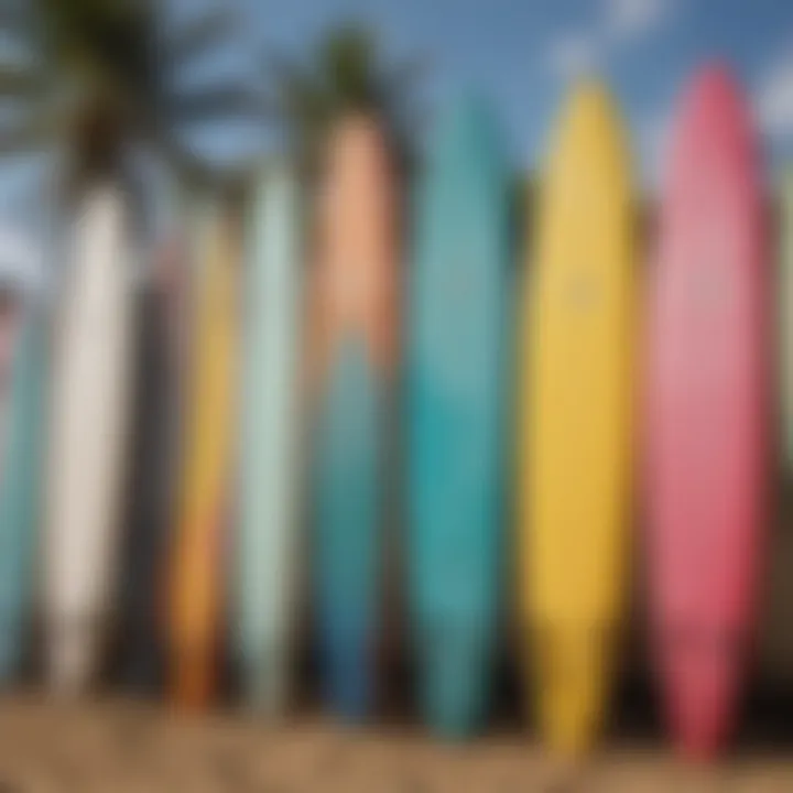 A selection of colorful surfboards lined up for rental