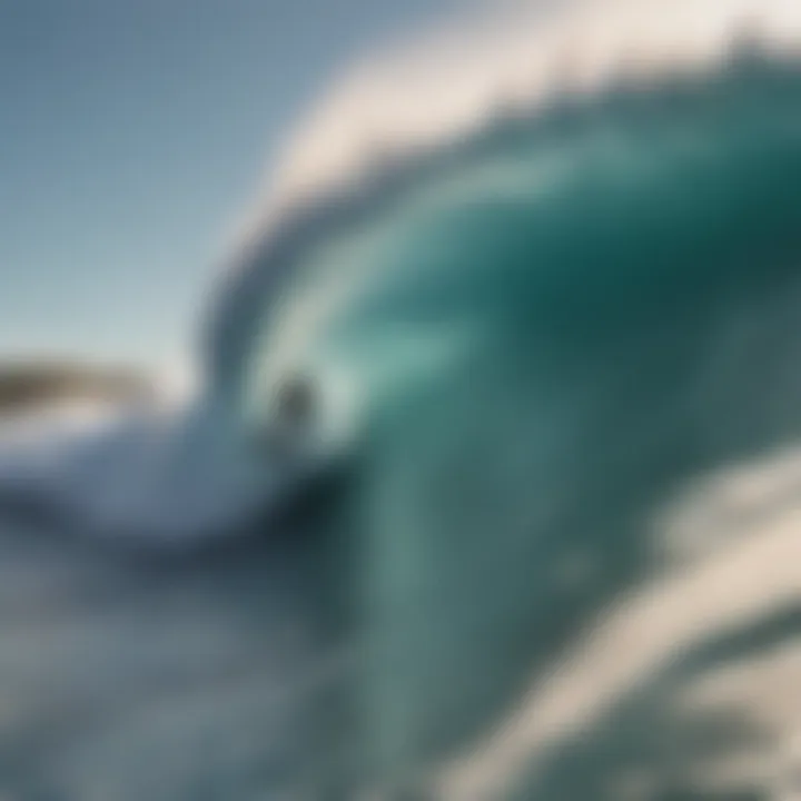 Surfboard riding a massive wave under ideal weather conditions