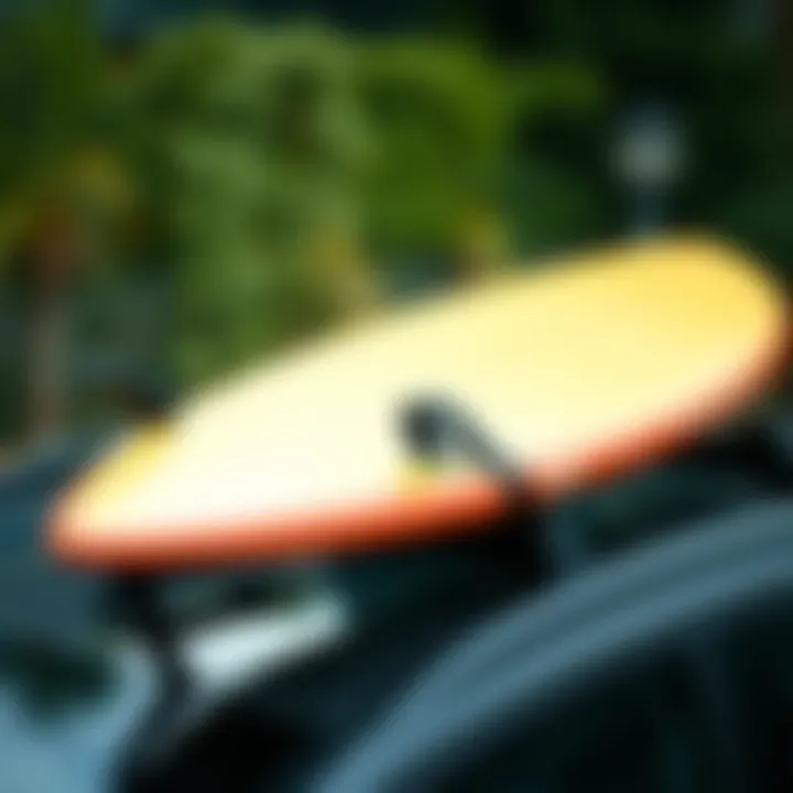 Secure Surfboard with Rack Accessories Close-up view of surfboard secured with rack pads and straps