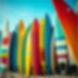 Colorful array of surfboards displayed on the beach