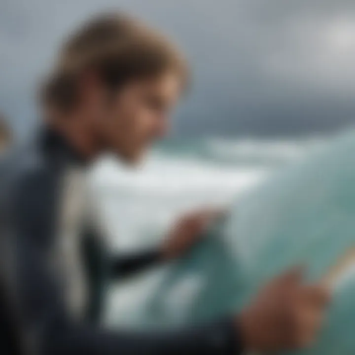 A surfer contemplating environmental impacts while checking weather data