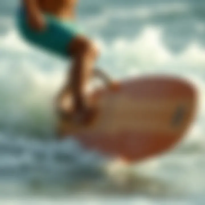 Surfer in Action with Boogie Board A surfer using a boogie board with a focus on the string's role during a wave ride