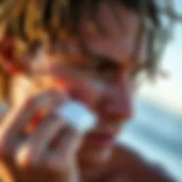 Surfer applying sunscreen stick on face