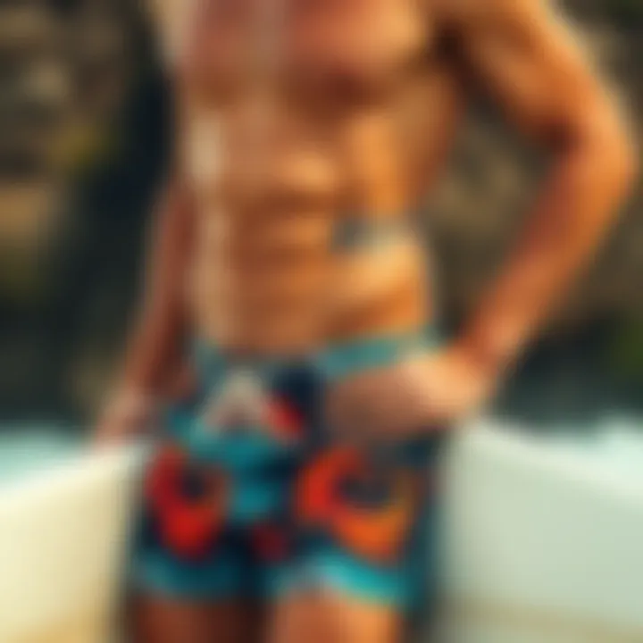 Trends in Surf Wear Stylish surfer showcasing the latest swim trunk fashion