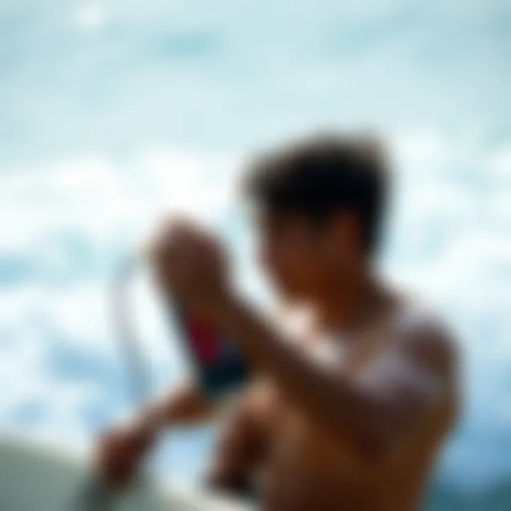 Surfer applying B&B surf spray before hitting the waves