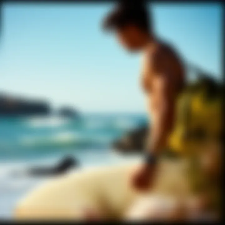 Surfer with Dakine Surf Bag in Coastal Setting Surfer using a Dakine surf bag in a coastal setting