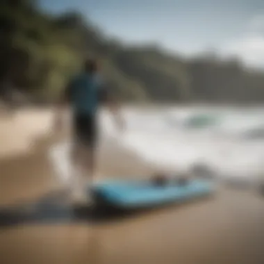 Effortless Transport of a Boogie Board A surfer comfortably transporting a boogie board in a carrying case
