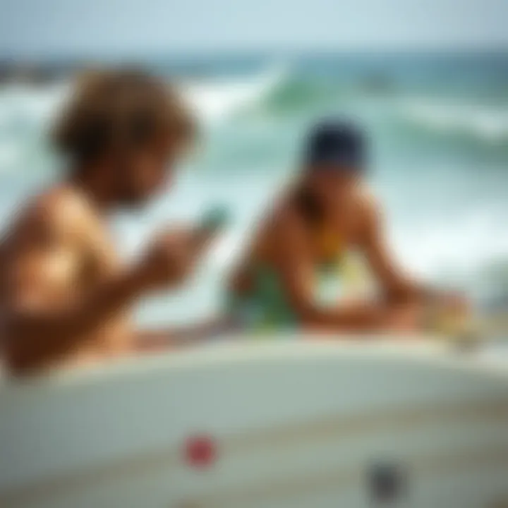 Surfers analyzing tide charts and weather conditions before heading out