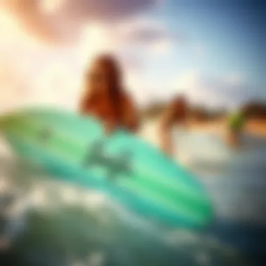 Surfers enjoying personalized boogie boards at a vibrant beach
