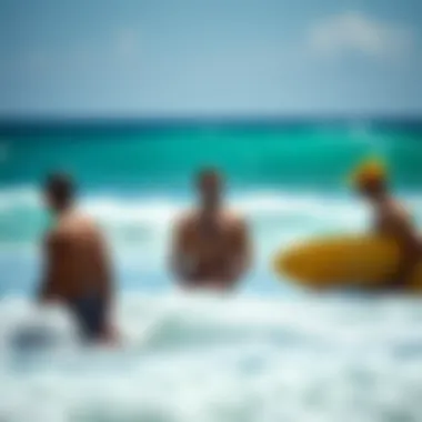 Surfers enjoying the ocean while applying sunscreen