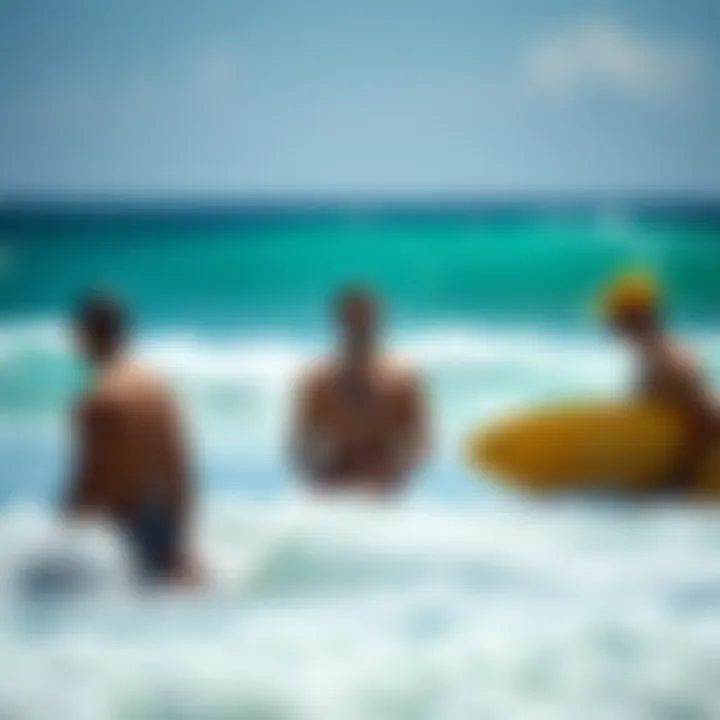 Surfers enjoying the ocean while applying sunscreen