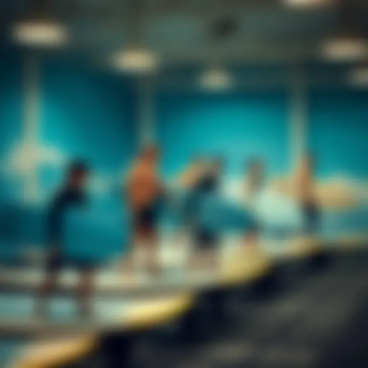 Surfers of All Levels Training on Indoor Surf Equipment Diverse group of surfers practicing on an indoor surf trainer