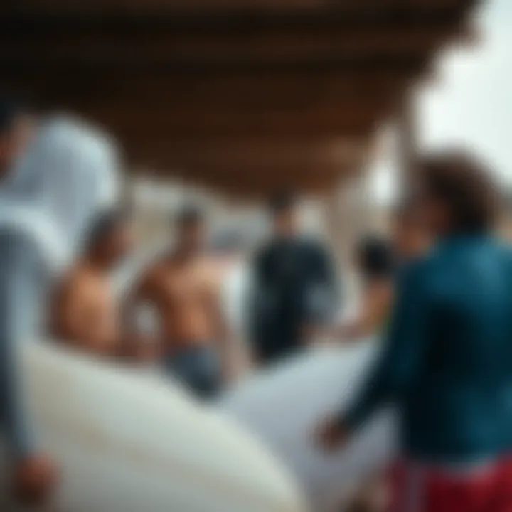 The Social Fabric of Surf Culture A group of surfers discussing among themselves, representing community dynamics.