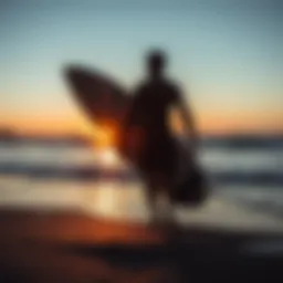 A serene beach at sunrise, symbolizing the peace that surfing brings.