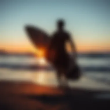 The Tranquility of the Surfing Experience A serene beach at sunrise, symbolizing the peace that surfing brings.