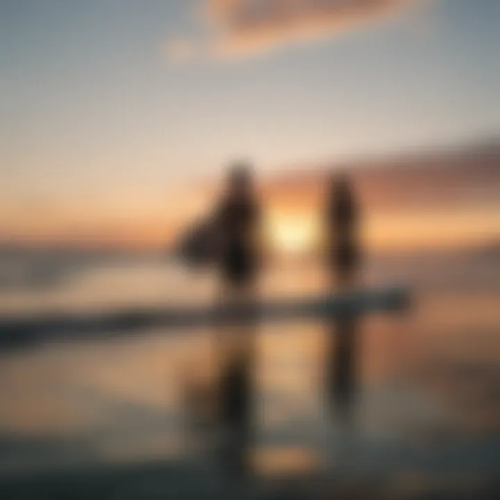 Couple enjoying a sunset after surfing