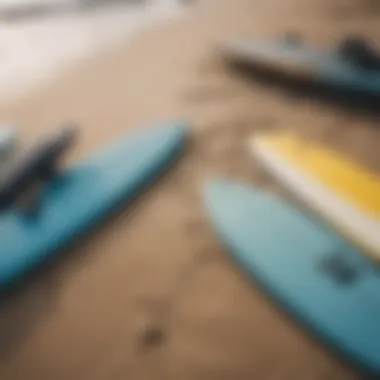 Surfboards lined up on the sand