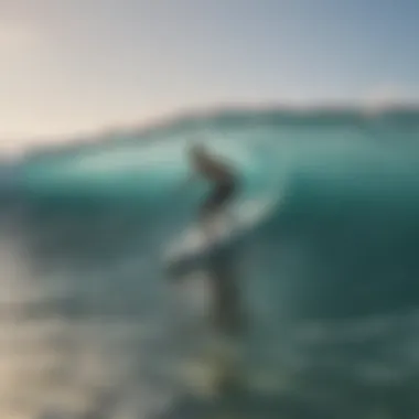 A surfing instructor guiding a novice in ocean waves