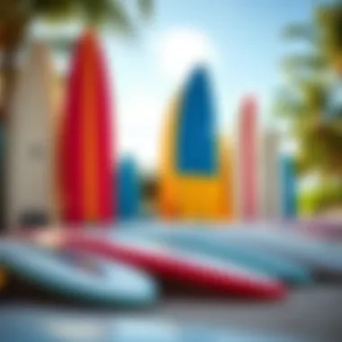 Colorful Surfboards Ready for Adventure Surfboards lined up on a beautiful Hawaiian beach