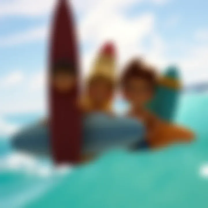 Animated characters showcasing their surfboards, representing the camaraderie of the surfing community.