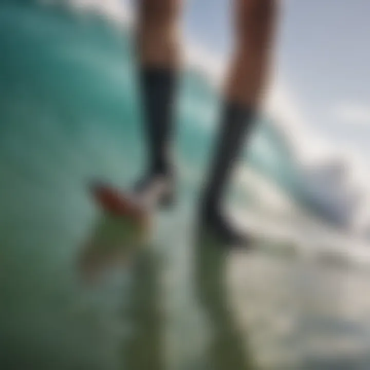 Close-up of swim fin socks in use during surfing