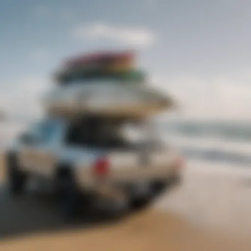 A Toyota Tacoma equipped with a stylish surf rack, showcasing its compatibility with various surfboard sizes.