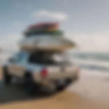 Compatibility with Surfboards A Toyota Tacoma equipped with a stylish surf rack, showcasing its compatibility with various surfboard sizes.