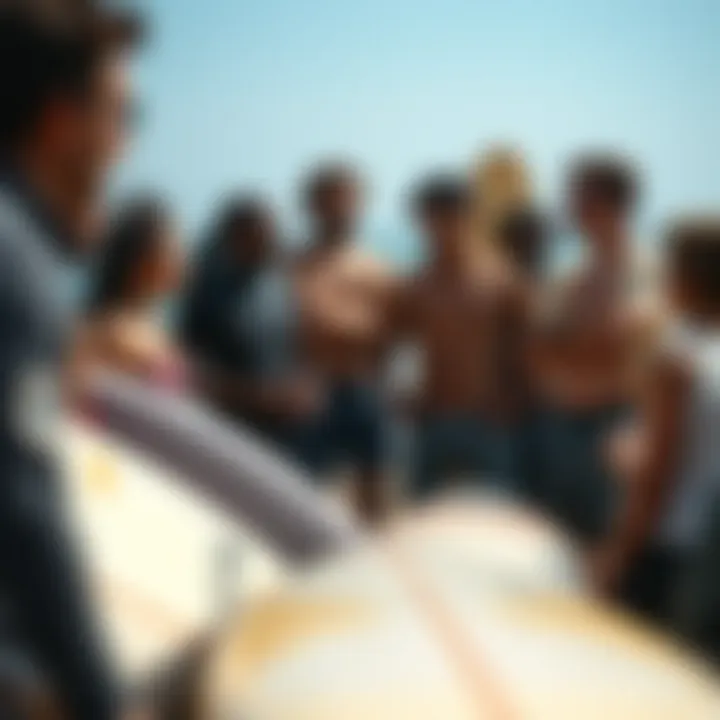 A group of diverse surfers exchanging tips and experiences about Ten Toes longboards
