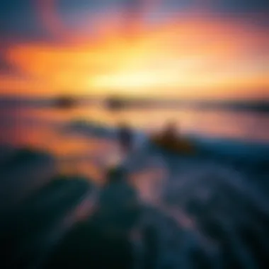 An aerial view of surfers riding Ten Toes longboards during a vibrant sunset