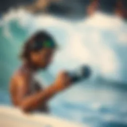 A surfer checking hydration levels with a water bottle