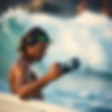 A surfer checking hydration levels with a water bottle