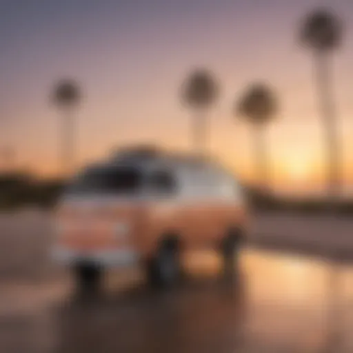 A sleek Thalia surf van parked by the beach at sunset