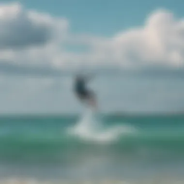 Kite Surfer Gliding Over Turquoise Waters A kite surfer gliding over the turquoise waters of the Outer Banks with a dynamic skyline in the background