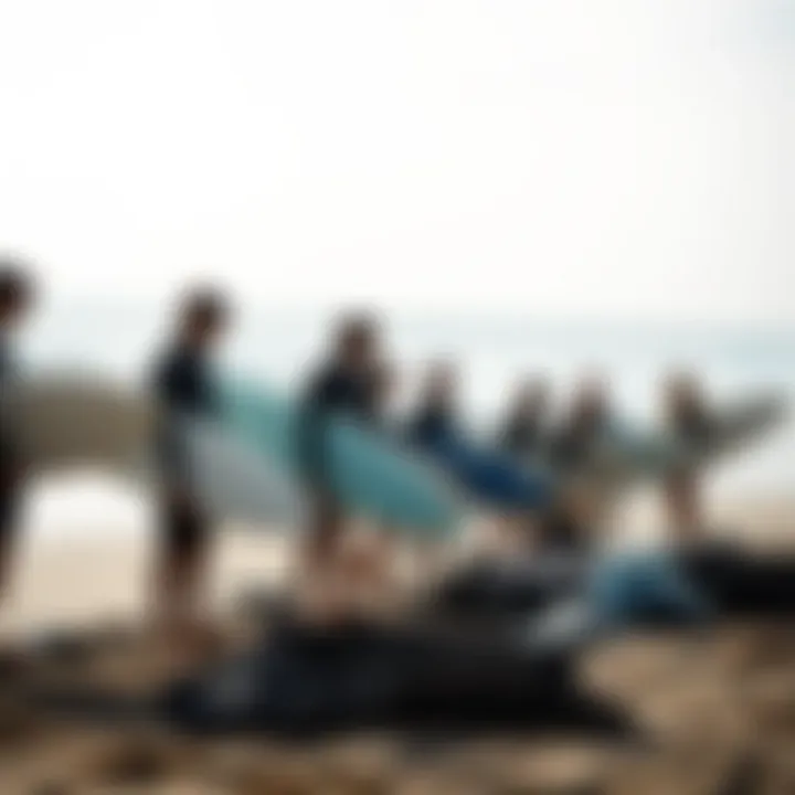 Promoting Environmental Stewardship in Surfing A group of surfers participating in a beach cleanup, emphasizing environmental responsibility