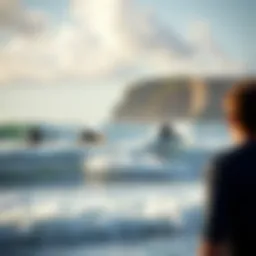 A breathtaking view of surfers riding waves at a popular catch surfing location