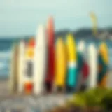 Diverse Surfboard Designs A collection of diverse surfboards lined up on the beach showcasing various designs and colors.