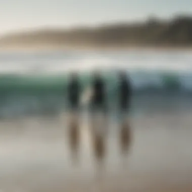 A group of surfers sharing experiences and bonding on the beach, highlighting community engagement.