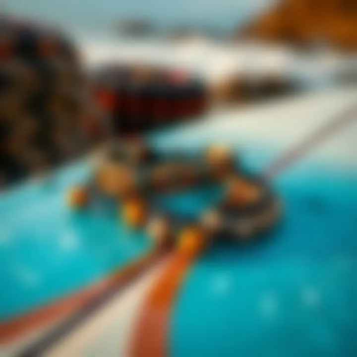 Sustainable Surfer Bracelets on a Surfboard Eco-friendly surfer bracelets made from sustainable materials displayed on a surfboard